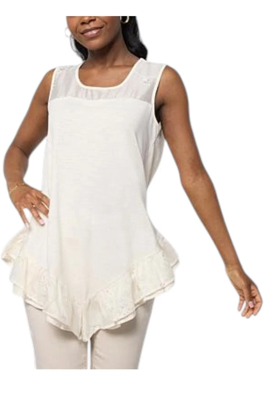 DG2 by Diane Gilman Women's Slub-Embellished Ruffle Tank Porcelain - Regular